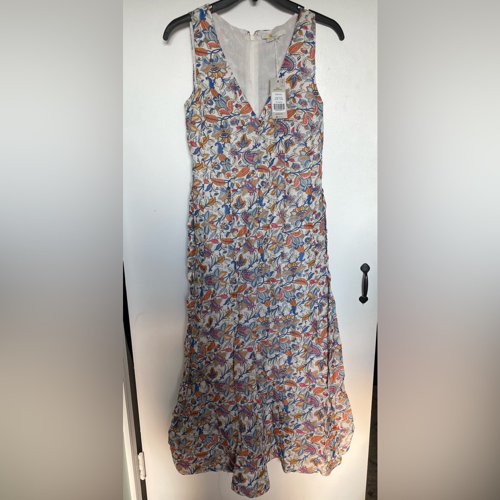 Boden Sleeveless V-Neck Floral Midi Dress in White, Blue & Orange